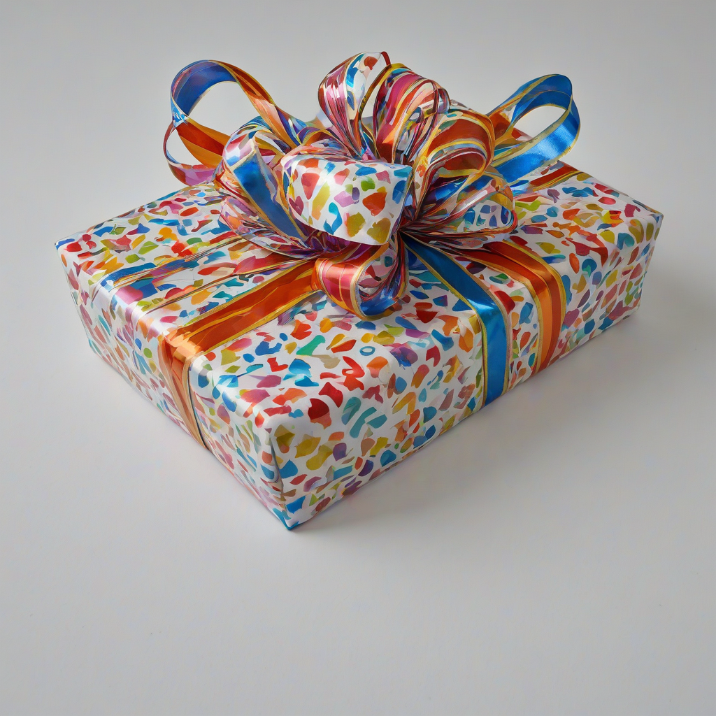 birthday present with colorful wrapping paper and a big ribbon and bow on it, wide angle , bright lighting, on a plain white background, even lighting