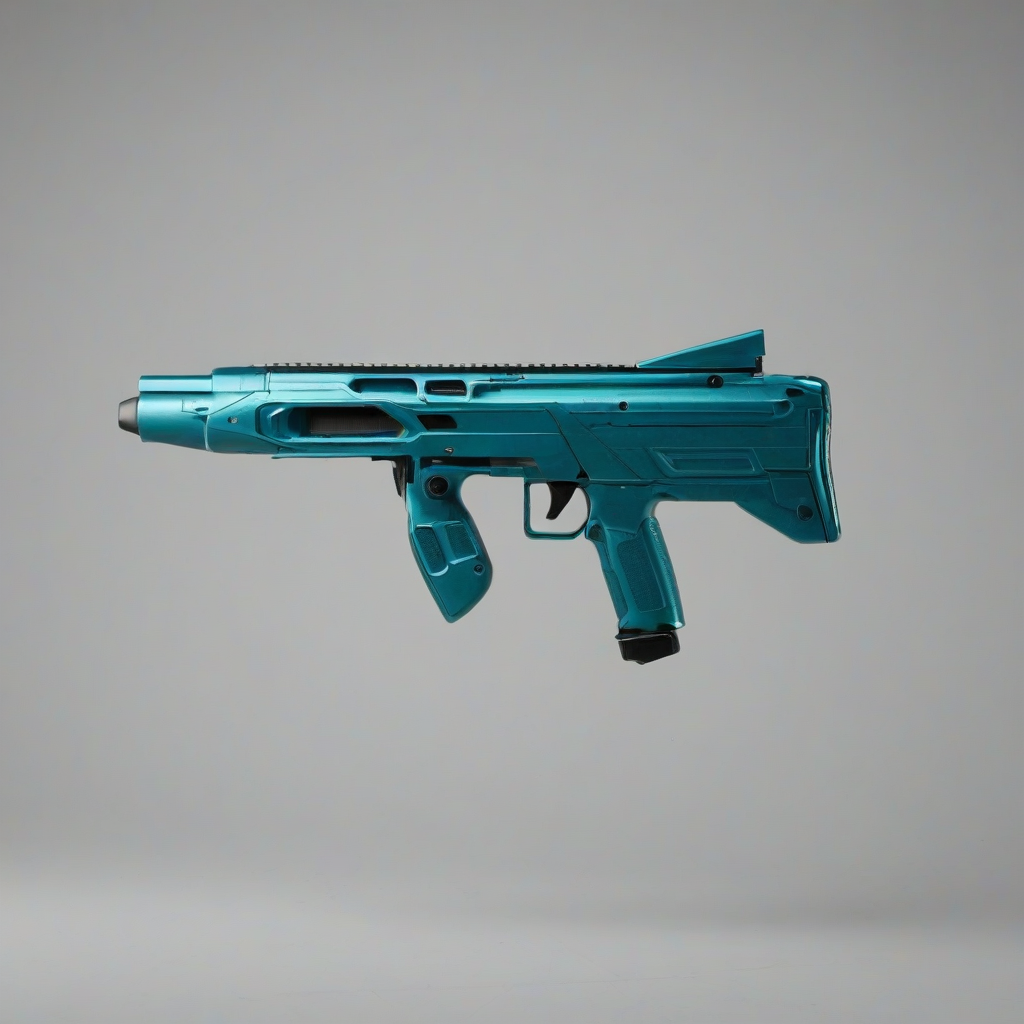 A futuristic gadget with a turquoise metallic finish, featuring sharp edges and a brutalist architectural design, with a wide shot and full-body view of the gadget on a plain white background, utilizing a cinematic bird's eye view perspective, with dynamic shadows and a hard rim light, on a plain white background, even lighting 