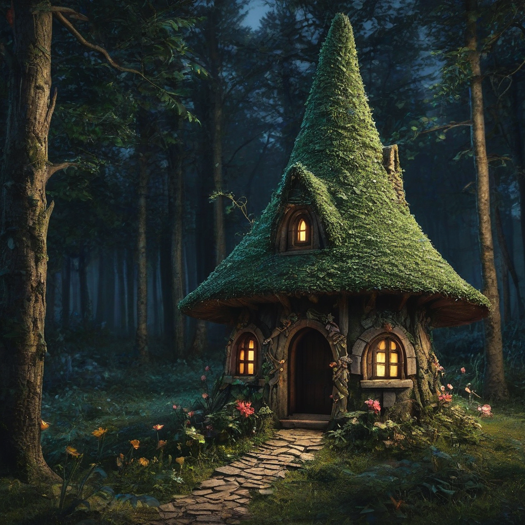 a realistic fairy house in the woods at night