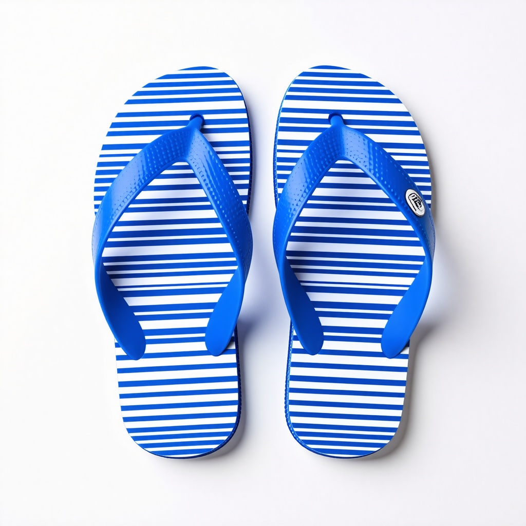 Blue and white vertically striped flip flops