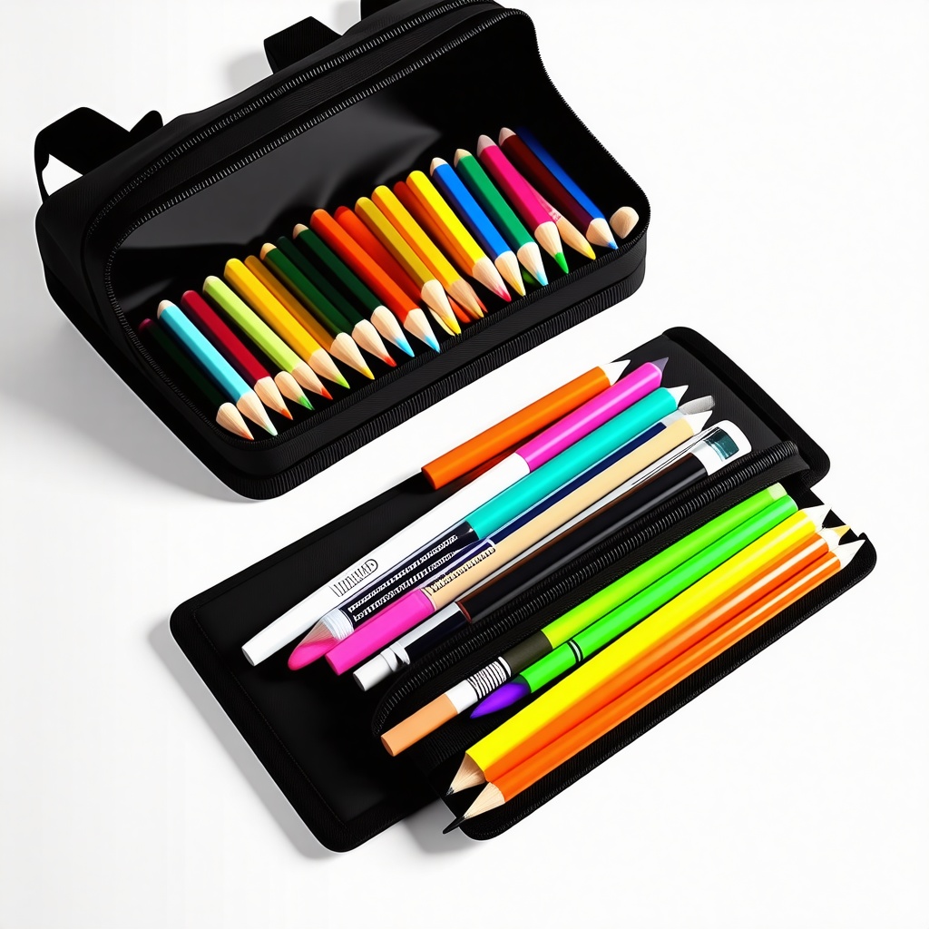 A pencil case filled with pencils, markers, pens, and crayons