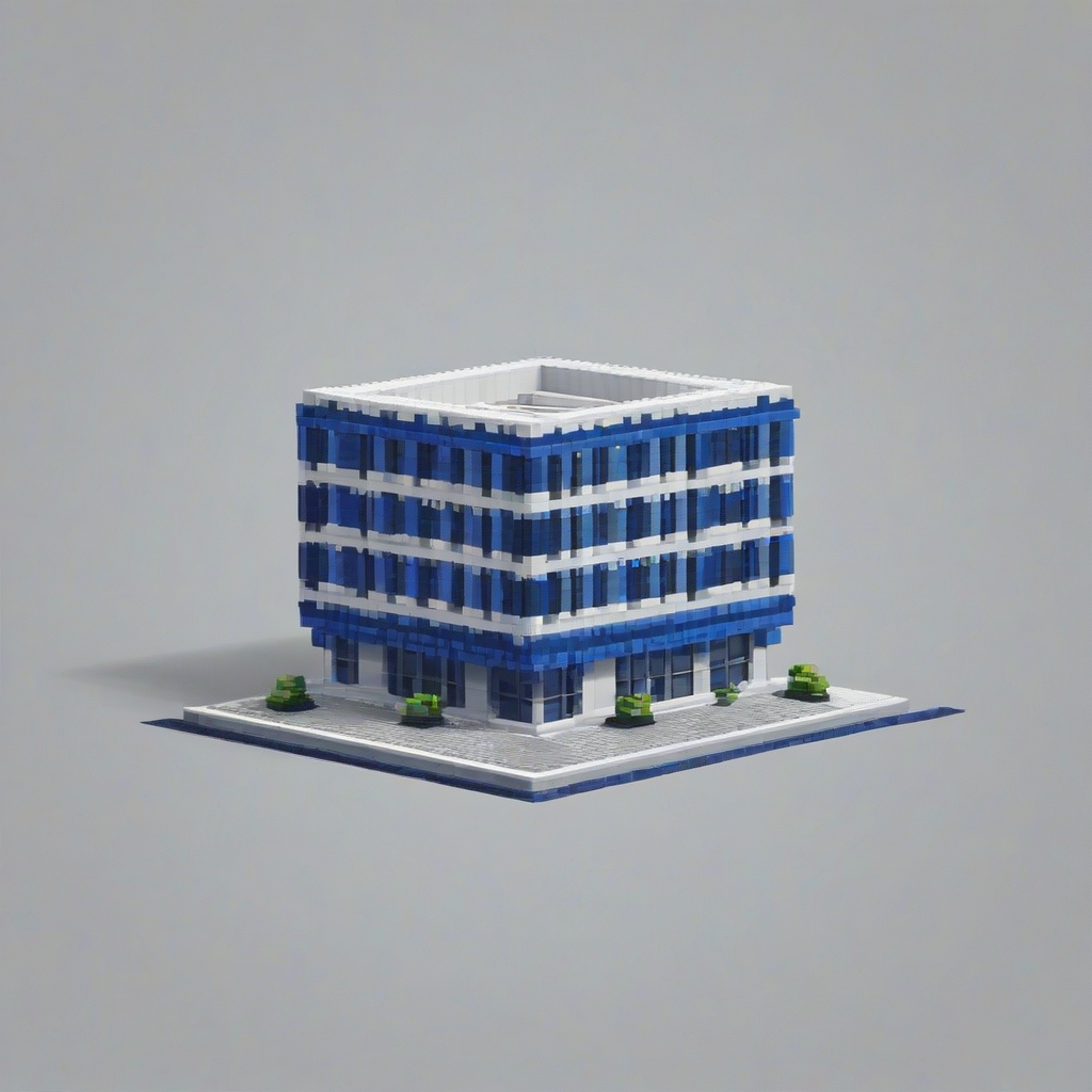 Blue pixel art building, full-body view, on a plain white background