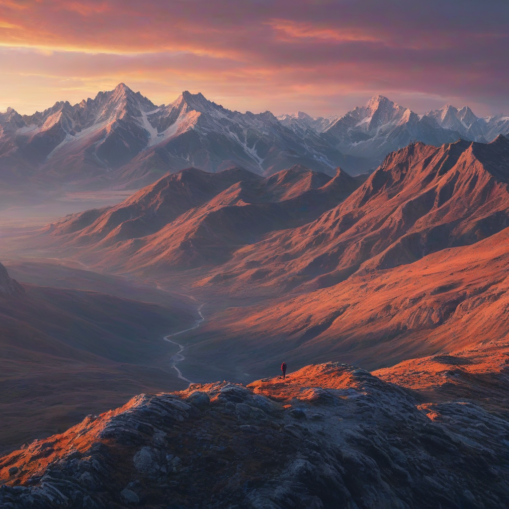 Majestic mountain range at sunrise, hyper-realistic, vibrant colors and detailed textures, a lone figure standing on a peak, cinematic wide shot.
