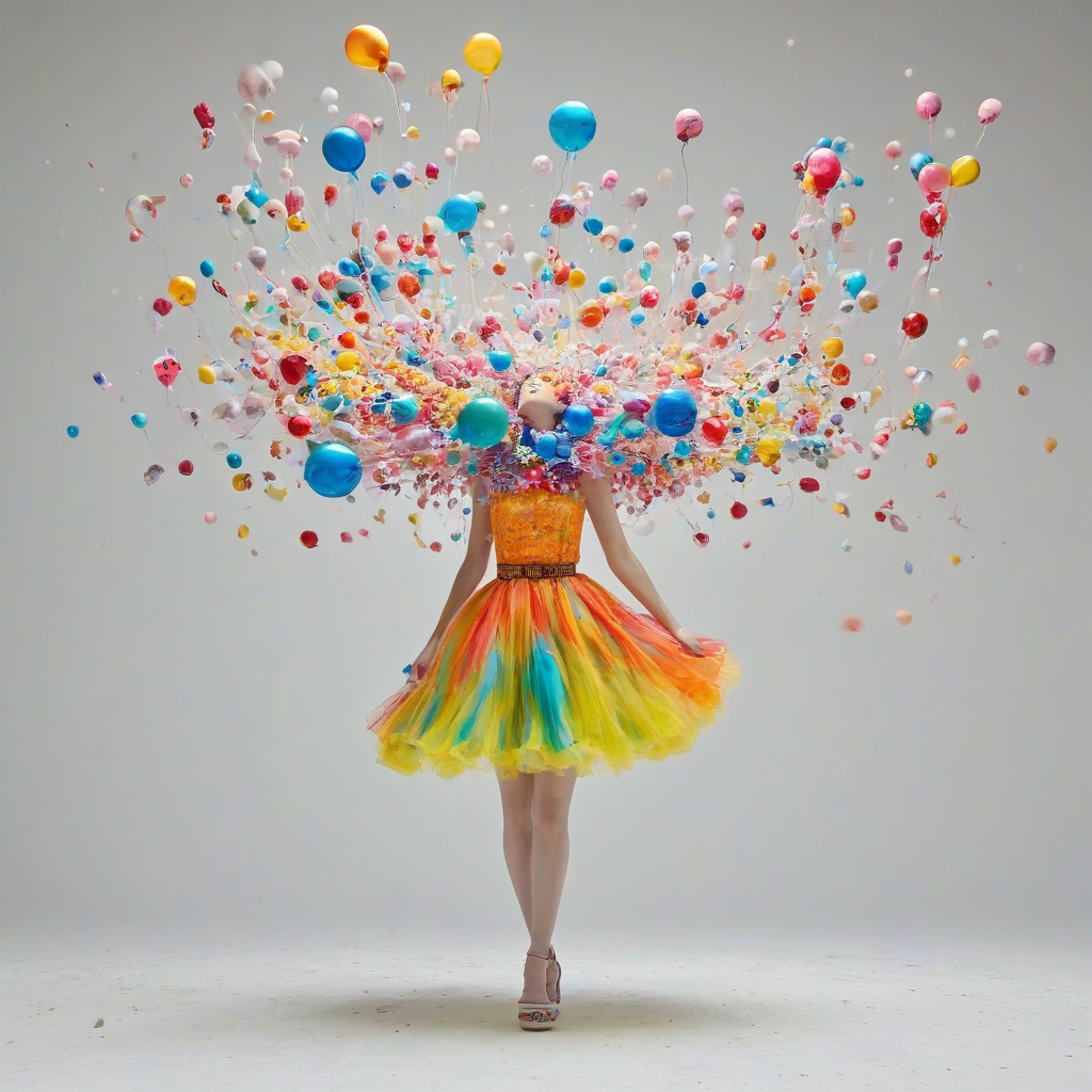 A surreal, dreamlike scene with vibrant colors, full-body view, on a plain white background