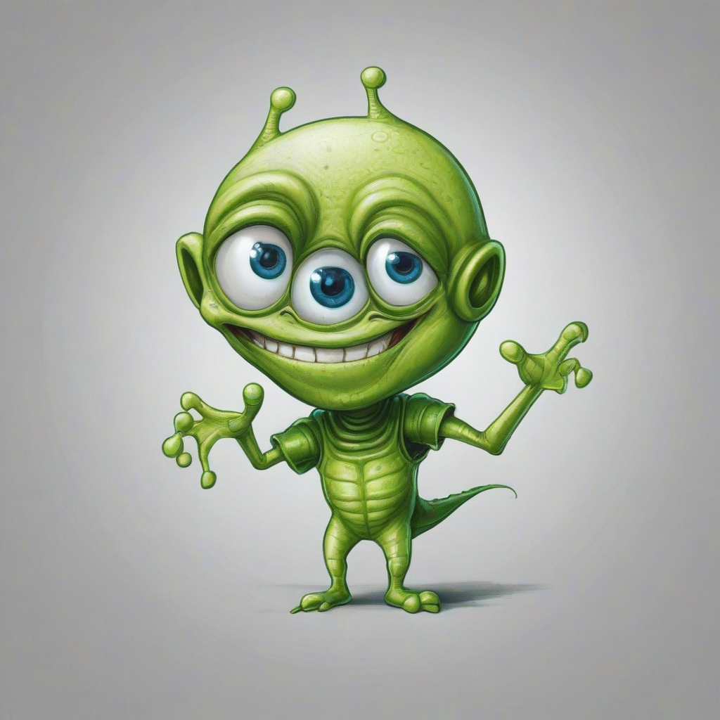 hand-drawn cartoon of alien with a smile, big eyes, happy expression, bright, even lighting, on a plain white background