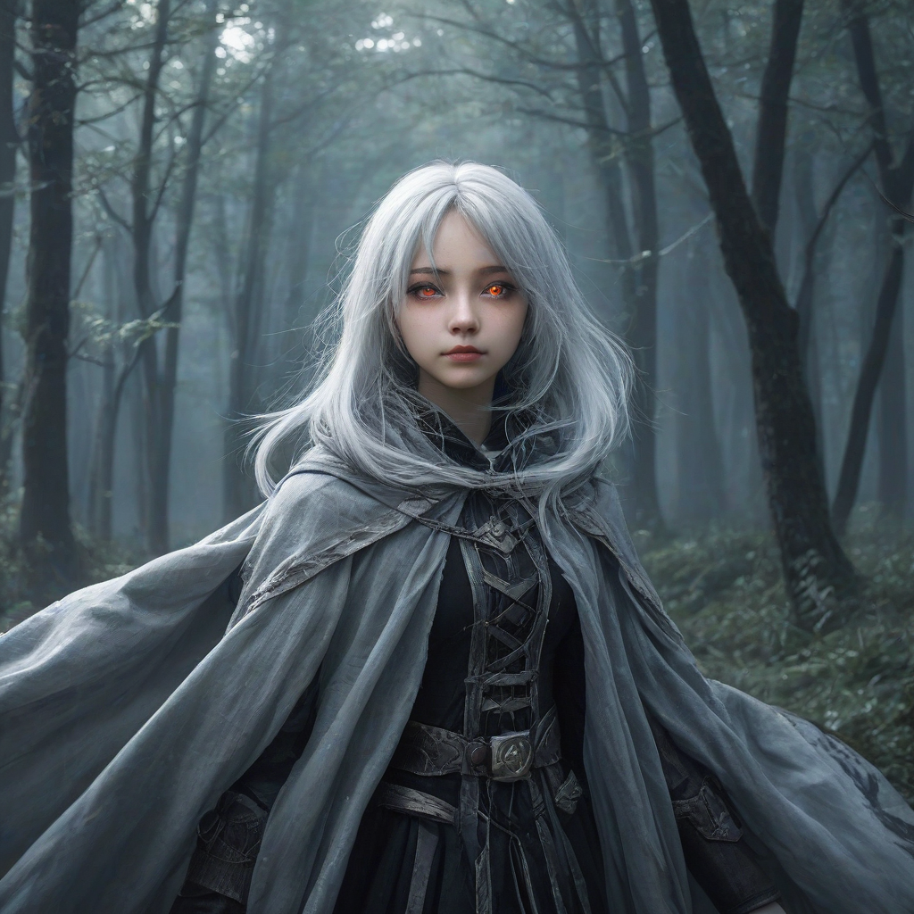Anime-style girl, silver hair, glowing eyes, tattered cloak, misty forest anime style