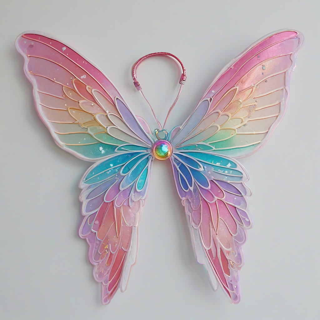 cartoon style shimmering, pastel, rainbow colored toy fairy wings, with delicate details, and a soft, ethereal glow, on a plain white background, with no other objects, animals, or humans in sight, in a cartoon illustration style, with vibrant, iridescent colors and subtle, gradient-like transitions between hues, wearable like a backpack, on a plain white background, even lighting