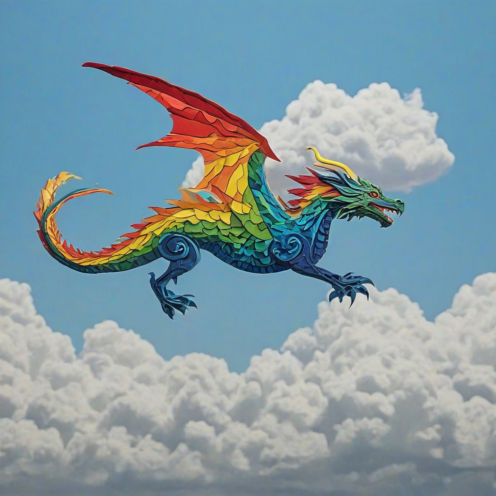 Paper cutout art of a rainbow dragon flying in the blue sky
