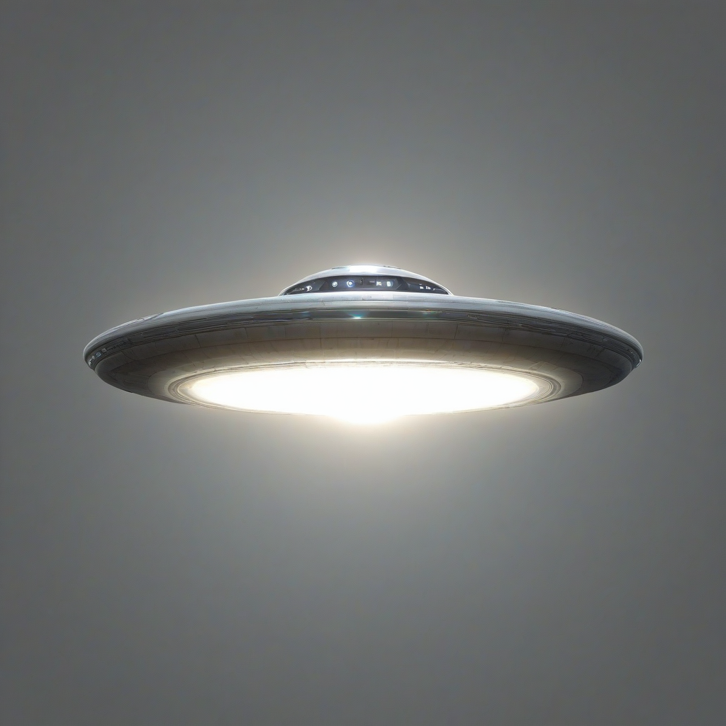 A round UFO with bright, pulsing lights around the outer edge, full-body view, wide shot, on a grey background, with a metallic sheen and a slight glow effect, digital art style