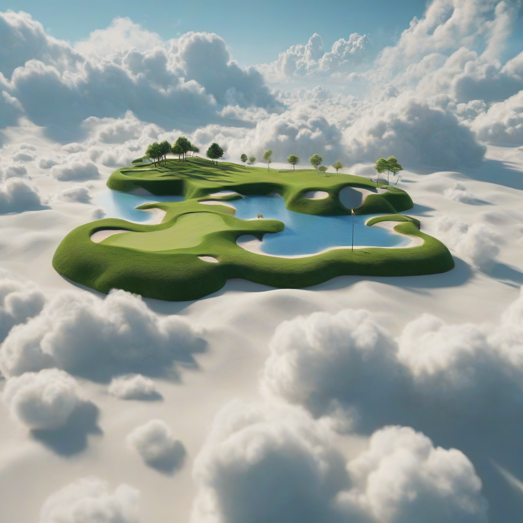 A serene and vibrant floating island golf course, with lush green grass and sand traps, surrounded by fluffy white clouds and a bright blue sky, in a wide shot with the entire island visible, on a plain white background, in the style of a digital illustration, with dynamic shadows and a soft, warm backlight, on a plain white background, even lighting 