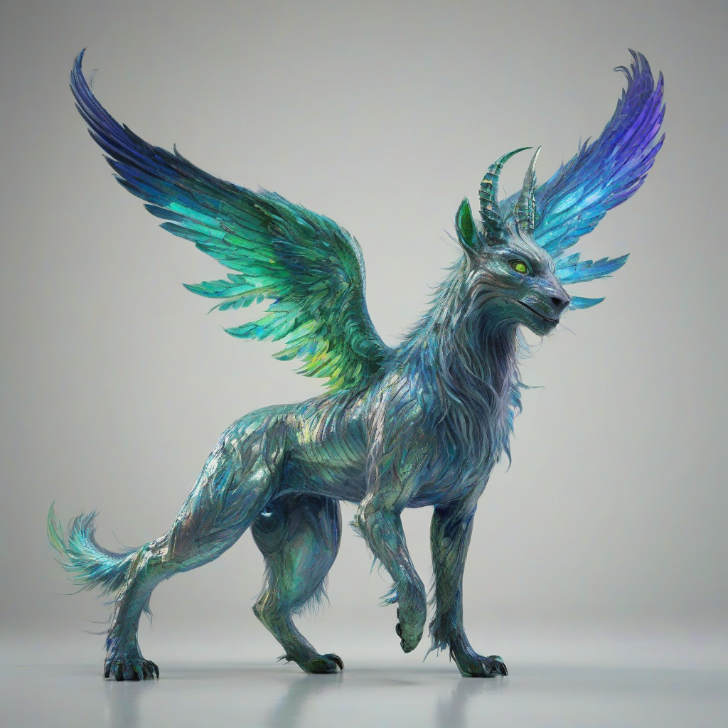 A detailed, full-body view of a mythical, fantasy creature, specifically a quadruped, with iridescent  fur that shimmer in hues of blue and green, standing on a plain white background, with its wings spread wide and its hooves visible, in a digital art style with vibrant colors and dynamic lighting, viewed from a wide-angle shot, on a plain white background, even lighting 