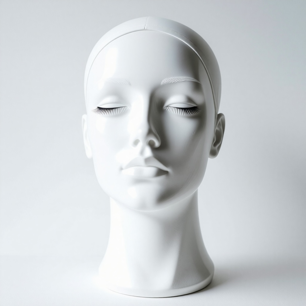 A white plastic mannequin head with fake eyelashes on it