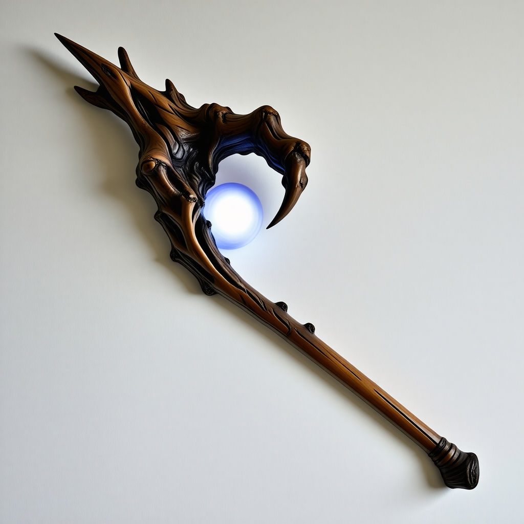 A wizards staff made out of crooked and gnarled wood. At the end is a wooden claw holding a glowing blue sphere