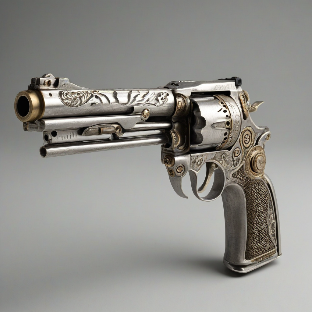 a futuristic, silver, dieselpunk-themed revolver with intricate brass details and a worn, industrial finish, in a wide shot, full-body view, on a plain white background, with a sense of dynamic lighting and deep shadows, in the style of a highly detailed digital illustration