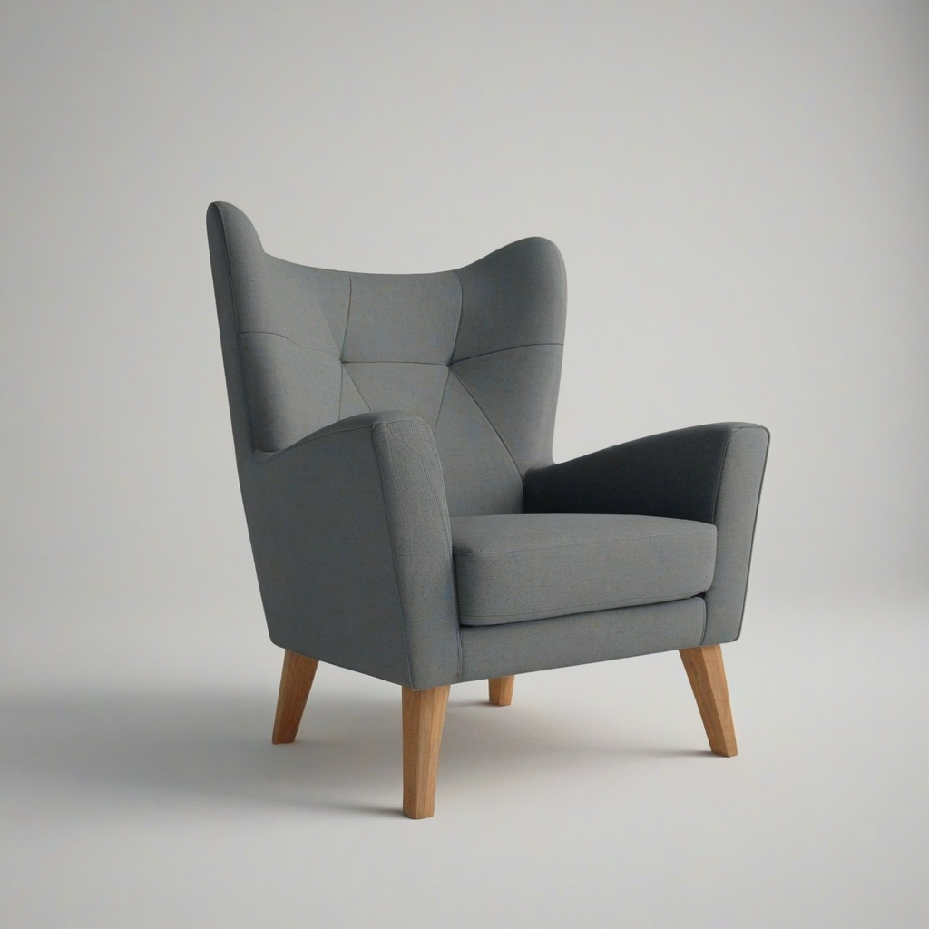 A low poly, slate grey, 3D modeled, armchair, with a wide seat and back, on a plain white background, full-body view, with simple textures and basic shading, in a minimalist style, with a focus on clean lines and geometric shapes, feet visible, in a digital art style, on a plain white background, even lighting