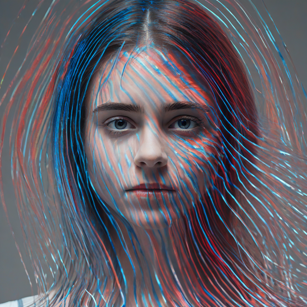 a young woman visualized as a Spectral Diffraction Portrait, where light separates into prismatic bands. Edge distortions emphasize blue and red fringing, creating an ethereal aura reminiscent of light passing through