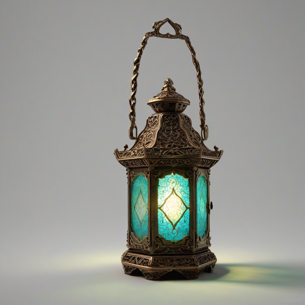 A highly detailed, magical glowing lantern with intricate bronze details and a Byzantine colored glowing jewel at its center, set against a plain white background, in a wide shot with the lantern's base and handle visible, illuminated by soft, warm lighting with dynamic shadows, in the style of a fantasy illustration with subtle texture and depth, full-body view of the lantern, on a plain white background, even lighting