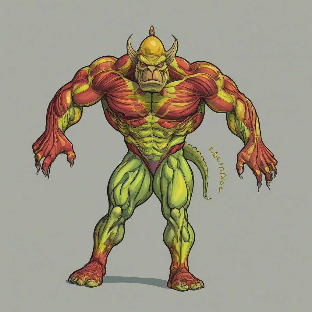 Hand- drawn cartoon style slight yellow-green colored muscular fish headed human, with bulging muscles, with red yellow eyes, with bold lines, vivid colors, bright lighting, wide angle shot, feet visible, on a plain white background, even lighting