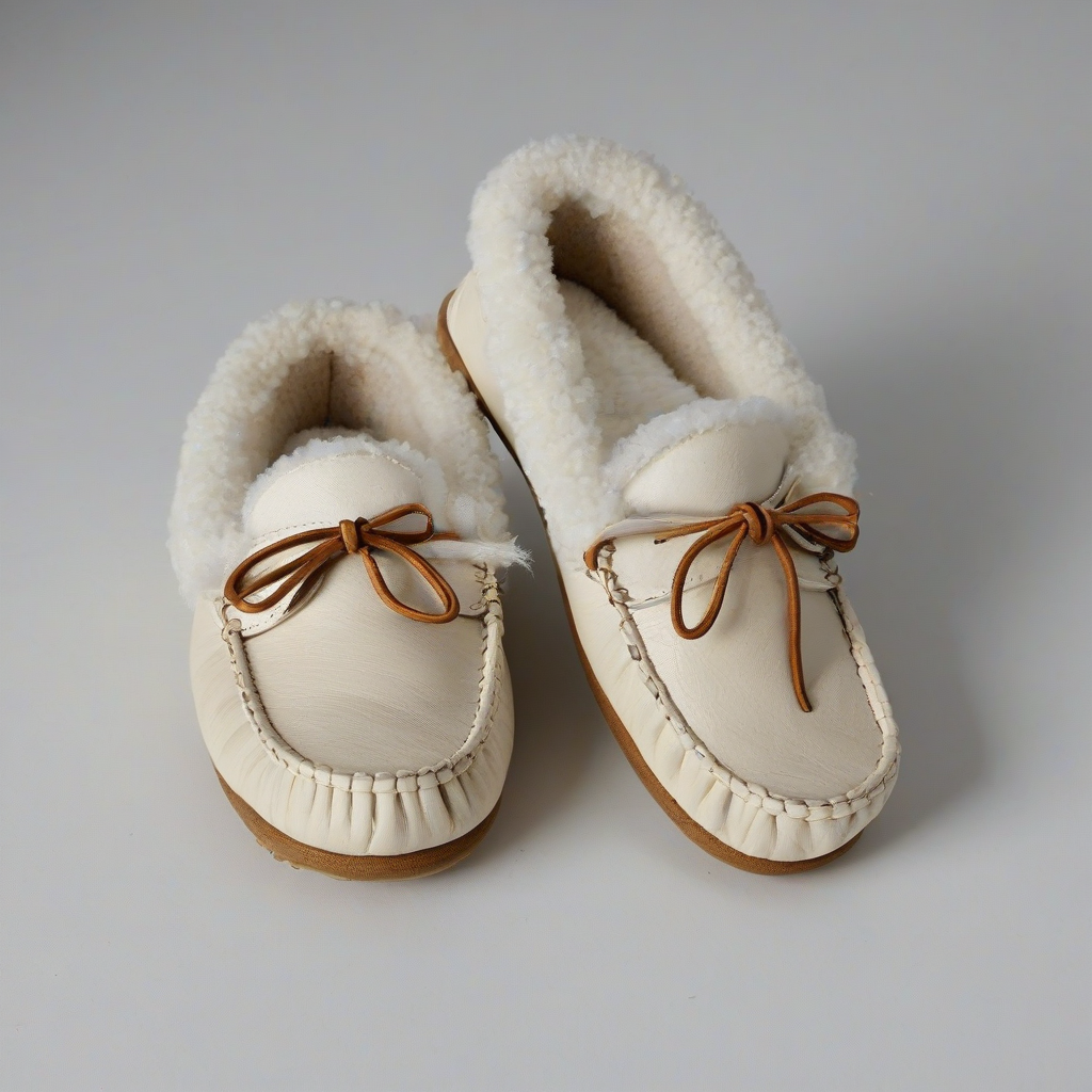 leather, slipper, moccasin, with shearling fur inside,, on a plain white background, even lighting