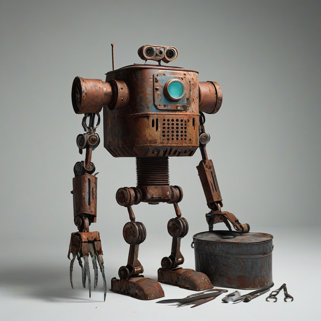rusty robot made from metal trash can and scrap yard tools, on a plain white background, even lighting