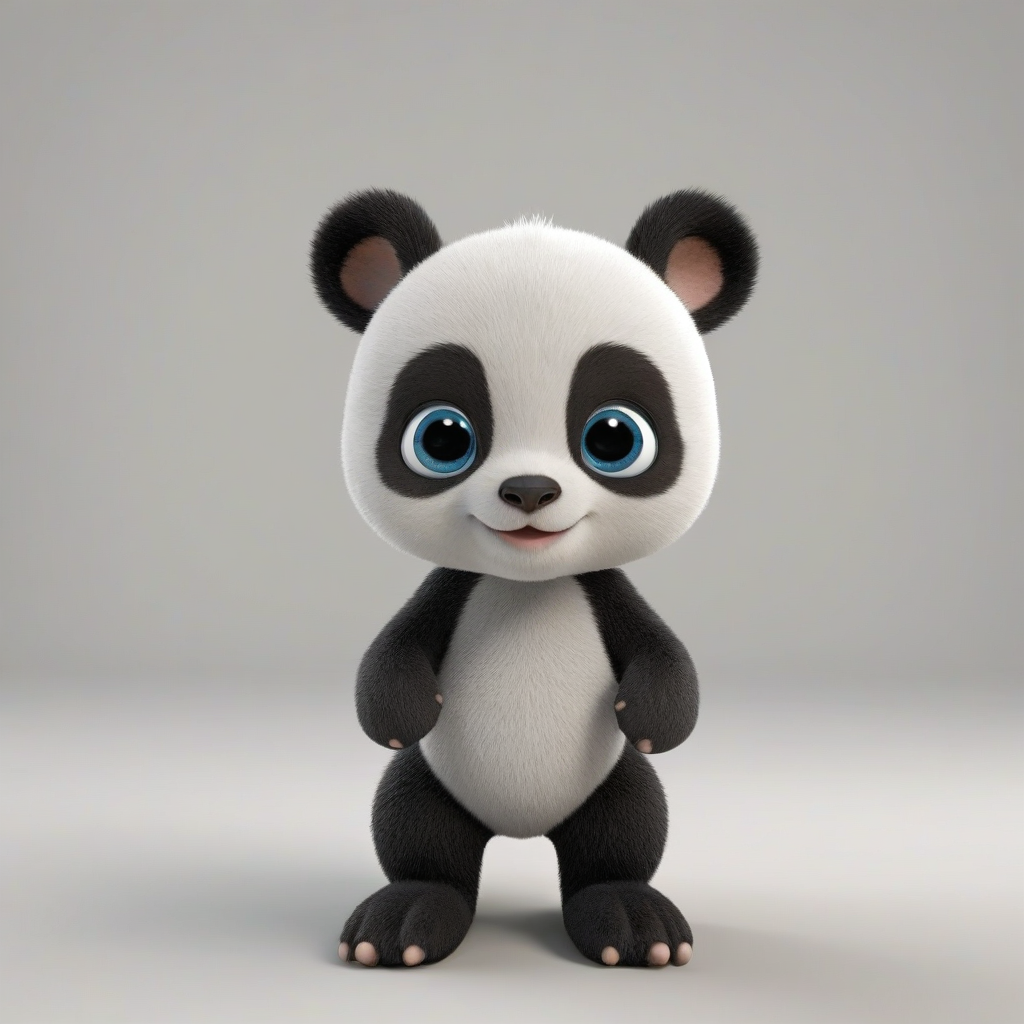 3d cartoon animation, a single animal, a mix of a baby panda and a baby kangaroo, bright and vivid colors, large eyes, short body, round features, tiny nose, tiny feet, cute, happy expression on its face, only one in the shot, full body visible, on a plain white background, even lighting