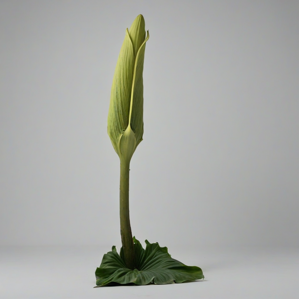 full-body view of a single corpse flower in bloom on a plain white background, wide shot, with green leaves and a tall stem