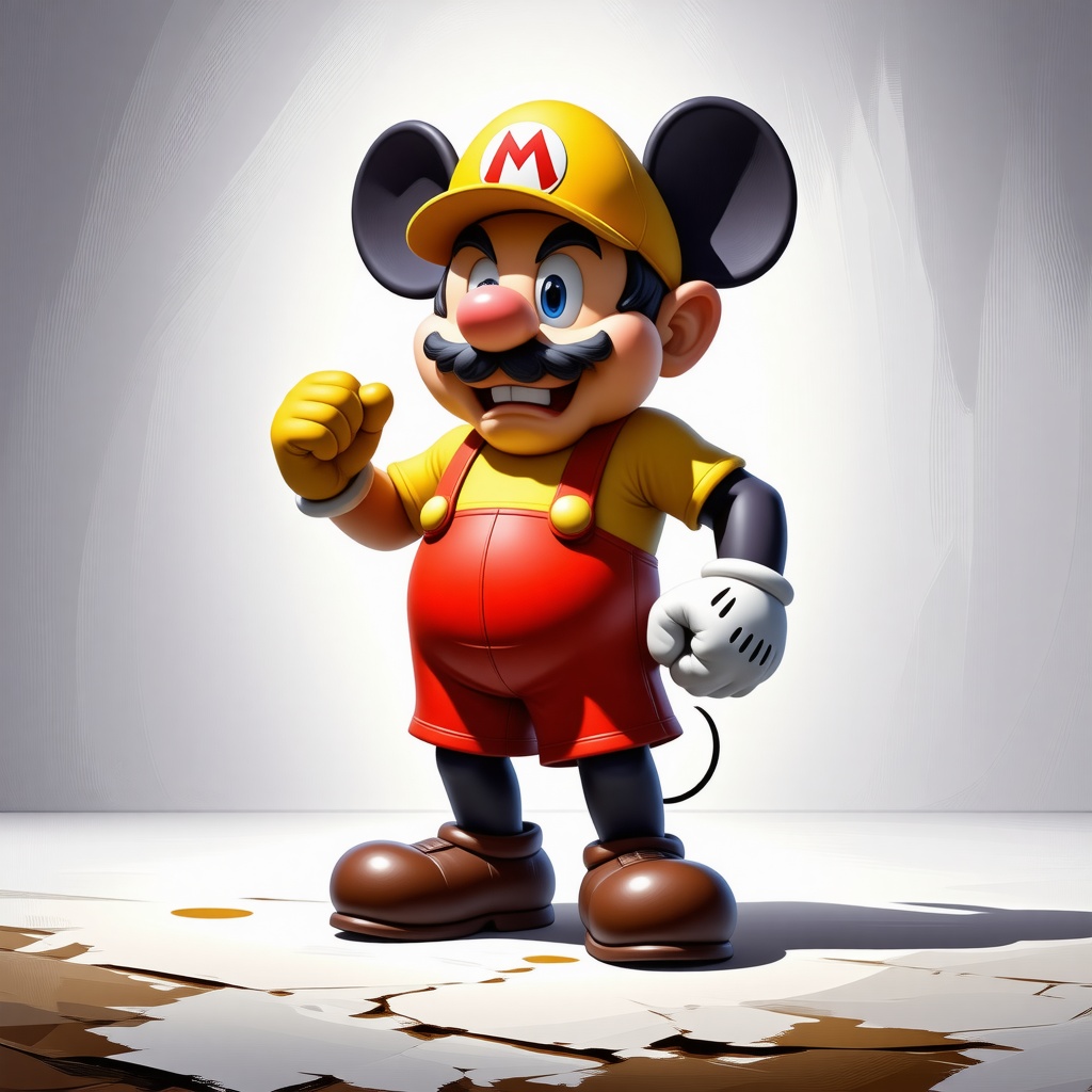 A cartoon Wario character, resembling Mickey Mouse, with a wide shot, full-body view, standing on a plain white background, wearing yellow gloves and red shorts with two white buttons, having a greedy and mischievous expression, in a digital art style with bold lines and vibrant colors, with dynamic shadows and a slight backlight, and a fish-eye lens effect for a curved look