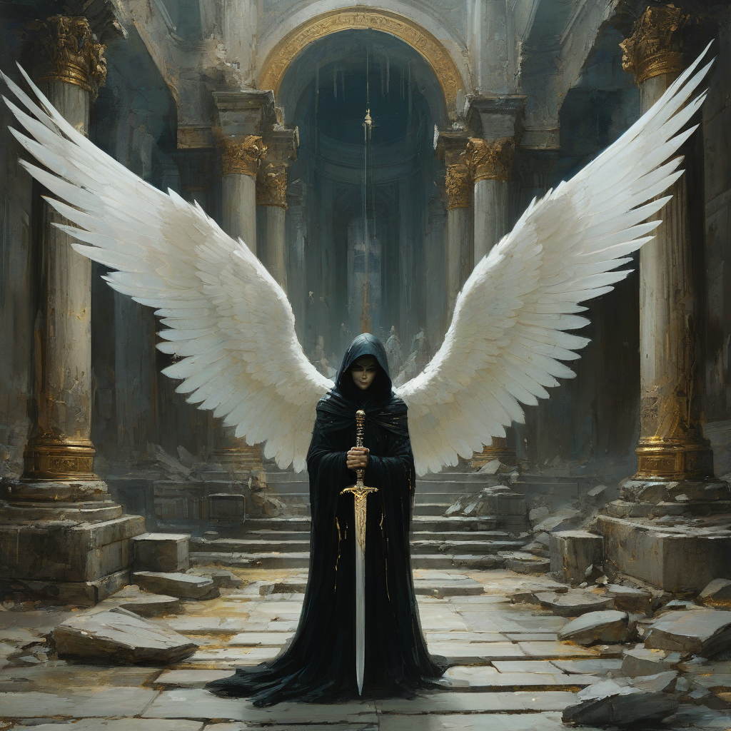 Vibrant Jeremy Mann art style, angel in black cloak, face covered, giant white wings with golden veins, kneeling in ruined ancient stone temple, holding sword hilt with both hands