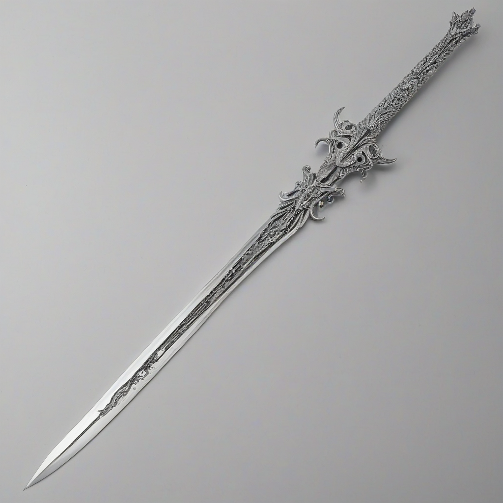 A futuristic gray anime-style sword with a long, curved blade and intricate designs on the hilt, set against a plain white background, in a wide shot with the entire weapon visible, including the handle and guard, with a subtle gradient effect to give it a metallic sheen, in the style of a digital illustration, on a plain white background, even lighting 