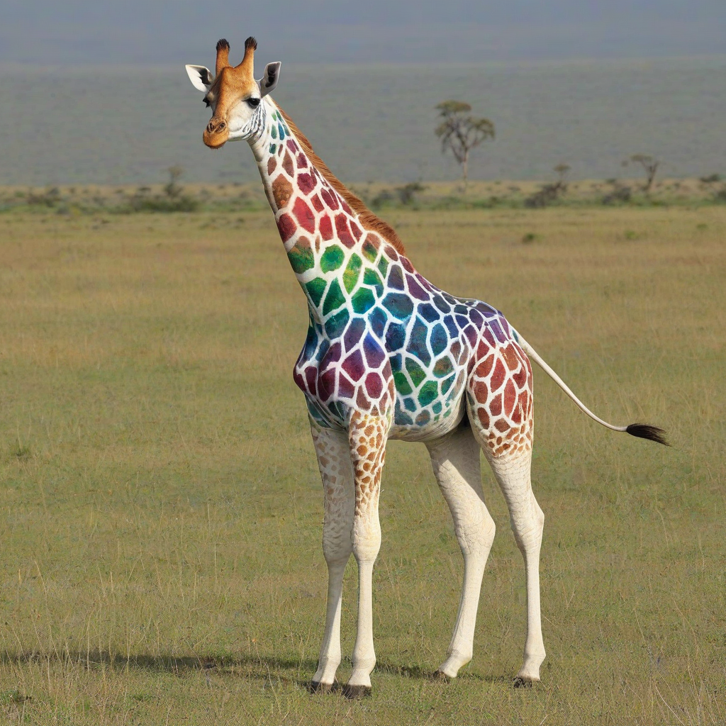 Rainbow giraffe, full-body view, on savannah,