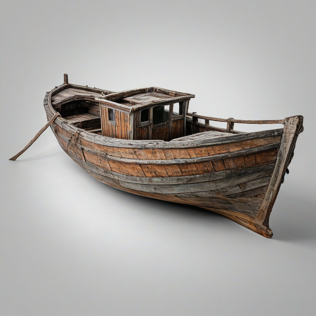A single, old, worn, wooden boat with a D&D style, fantasy, medieval, rustic, and distressed appearance, in a full-body view, on a plain white background, with the boat having an old, rusty engine on it, the wood grain visible, in a wide shot, with the boat's hull and keel visible, on a plain white background, even lighting
