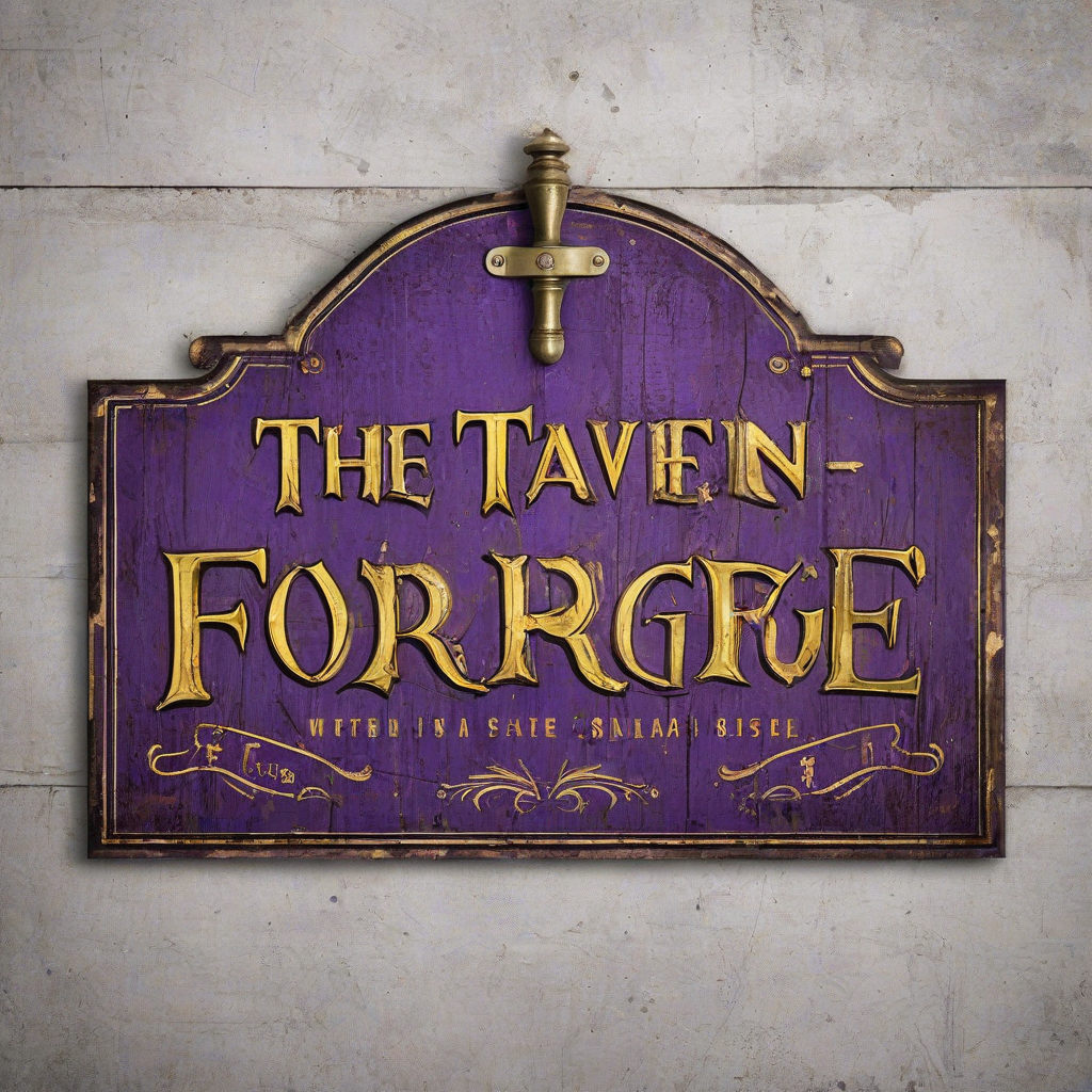 A rustic, industrial-style tavern sign, with a purple background and golden lettering, featuring a wide shot of the sign with the tavern's name 'The Iron Forge' written in bold, metallic font, with a pair of crossed hammers below the text, set against a plain white background, full-body view of the sign, with a slight grunge effect to give it a worn, vintage look, digital art style, high level of detail, intricate textures