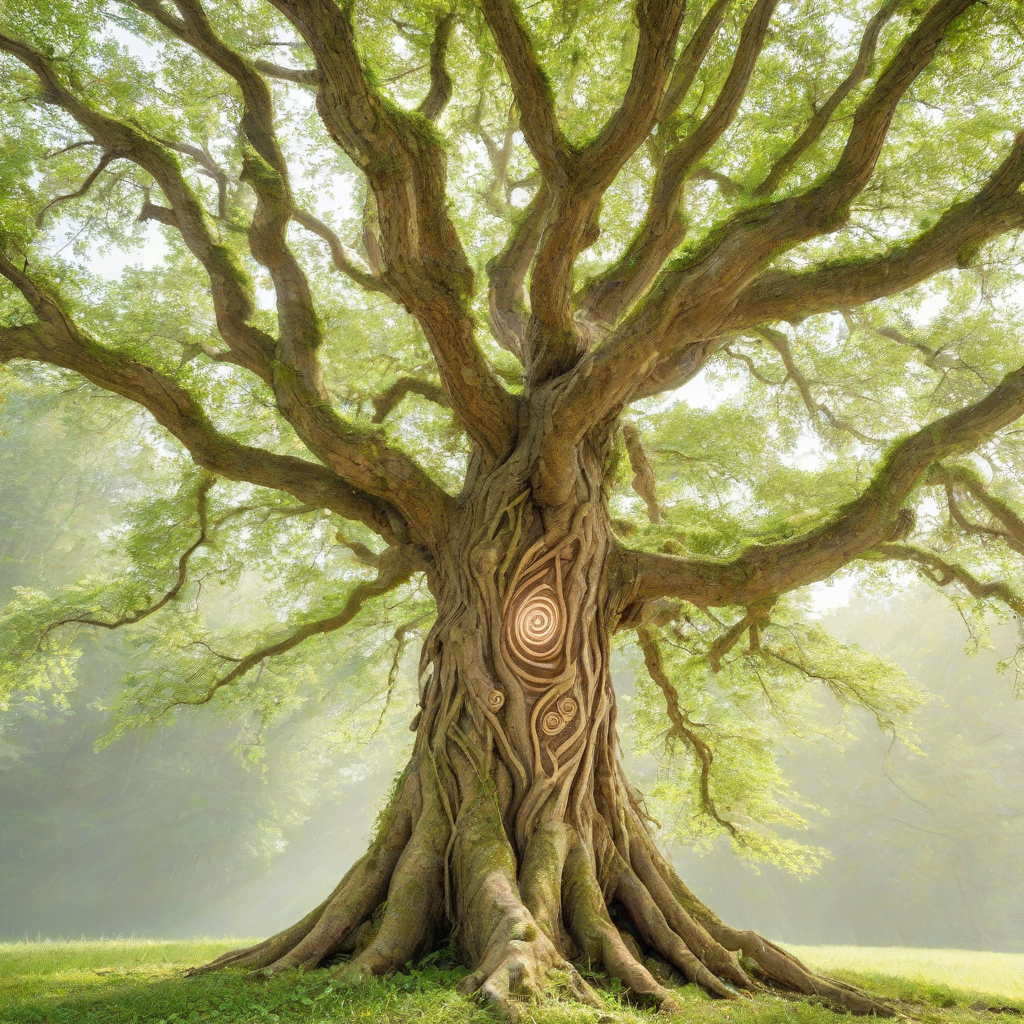 A majestic, full-body view of an enchanted tree with a khaki-colored trunk, sprawling branches, and vibrant green leaves, set against a plain white background, with intricate, glowing runes etched into the bark, and soft, ethereal lighting, in a fantasy style, reminiscent of a mystical forest, with a wide-angle shot, and a sense of depth and dimensionality, on a plain white background, even lighting 