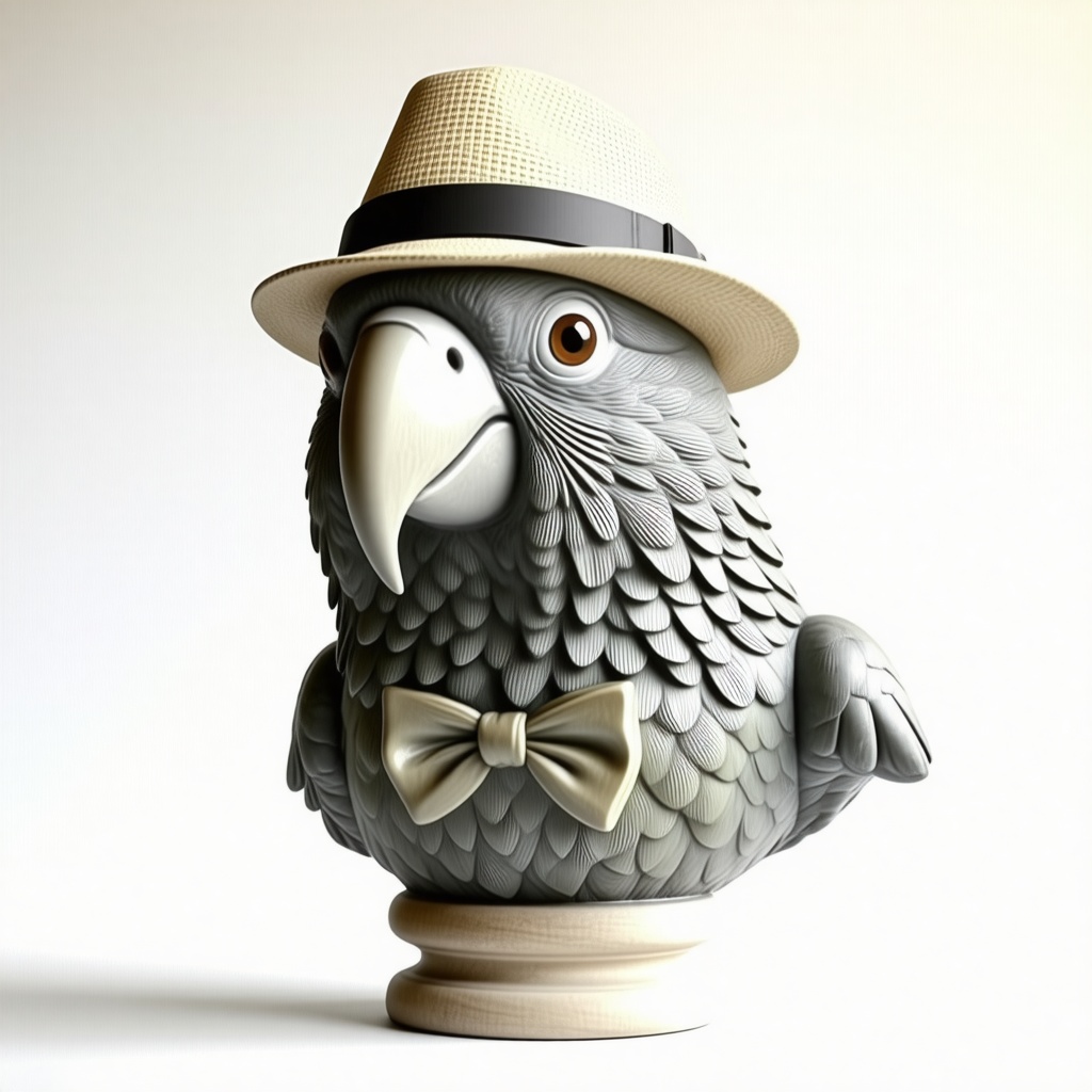 A statue bust of a parrot head with a small bowtie and small fedora hat on it