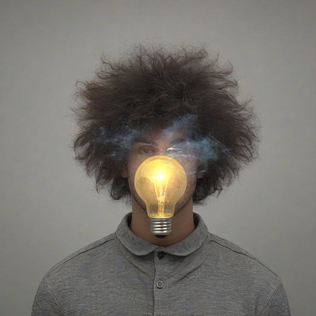 Photograph of a young man with fluffy hair with a large lightbulb floating in front of his face, obscuring his eyes, nose, and mouth