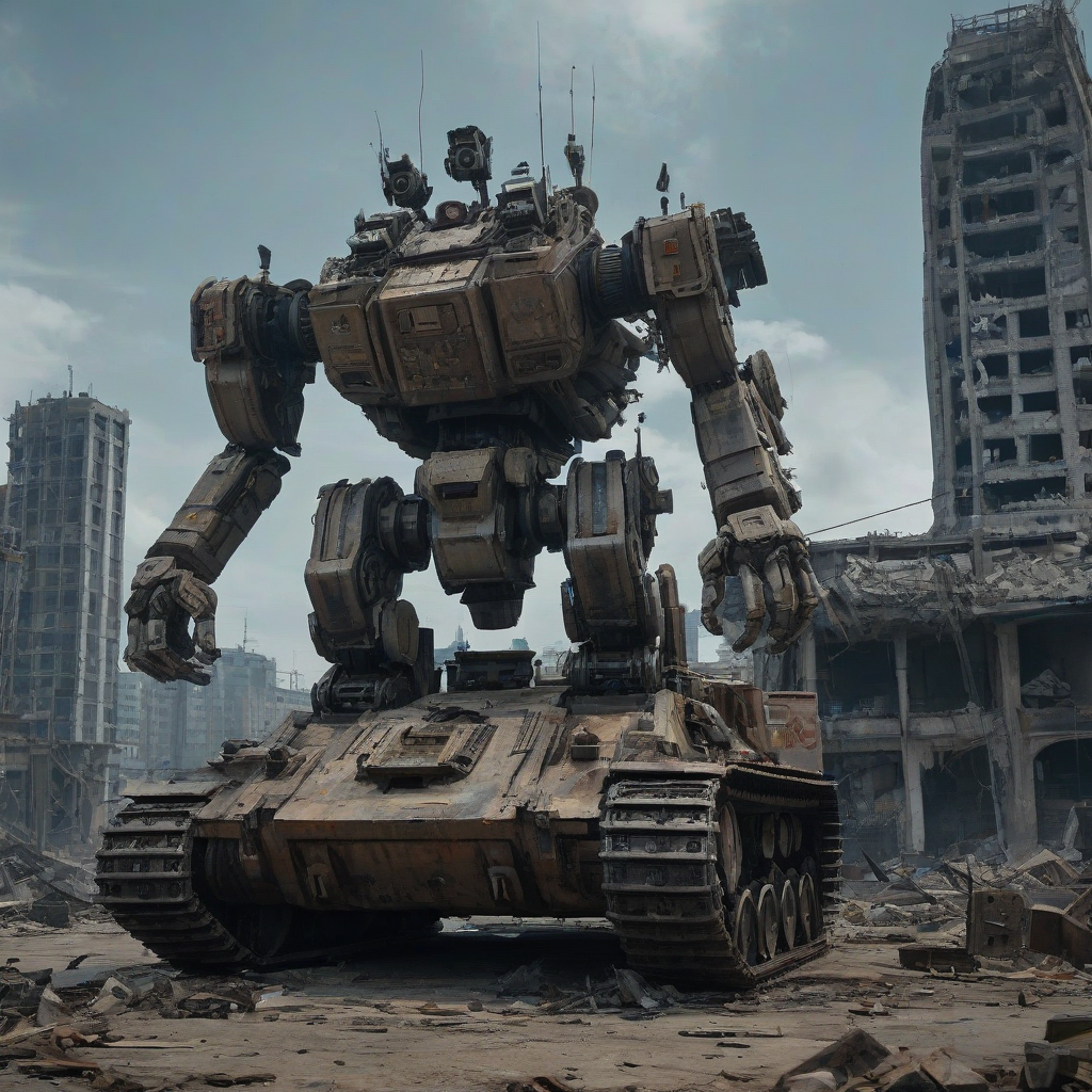 A post-apocalyptic tank with an additional set of mechanical limbs and a more prominent mech torso on top, with bright lighting, wide-angle shot, from the waist up, on a ruined cityscape background with a sunken skyscraper in the distance