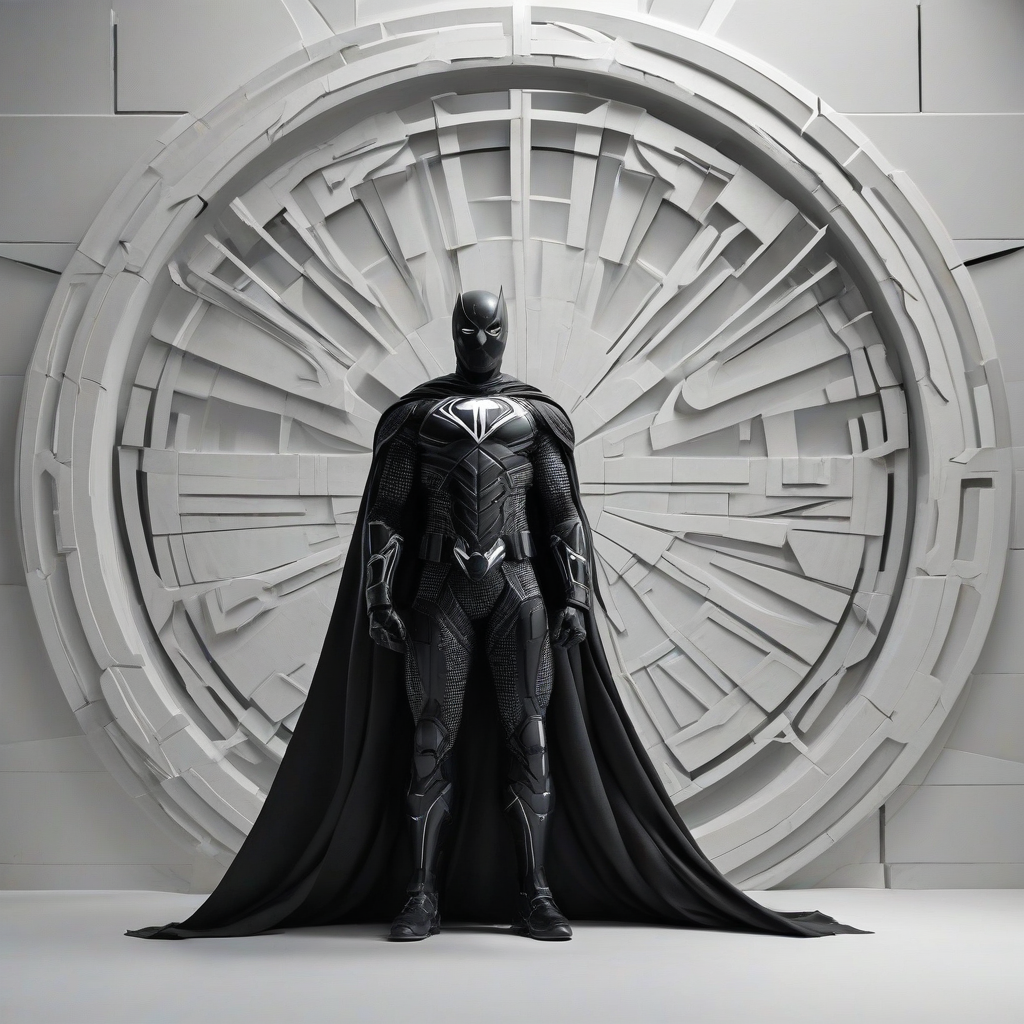 A full-body view of a superhero costume, black in color with brutalism architectural elements, with a wide shot, on a plain white background, with dynamic shadows and a hard rim light, in a digital art style, with bold lines and geometric shapes, with the superhero logo on the chest, and a cape flowing behind, with a sense of power and strength, on a plain white background, even lighting