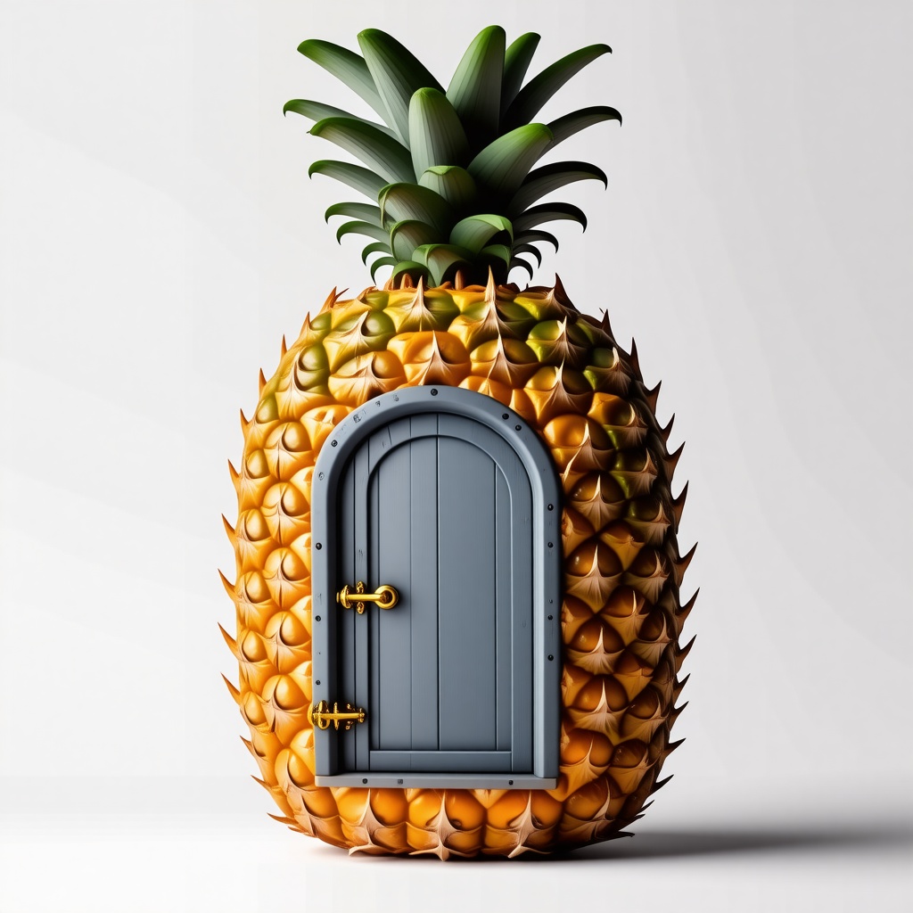 A pineapple with a tiny silver navy boat door in it along with a porthole wind next to the door and above the door