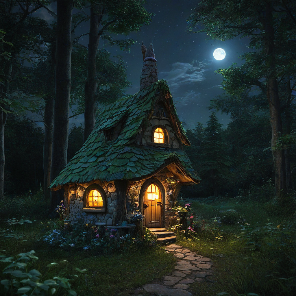 a realistic fairy house in the woods at night