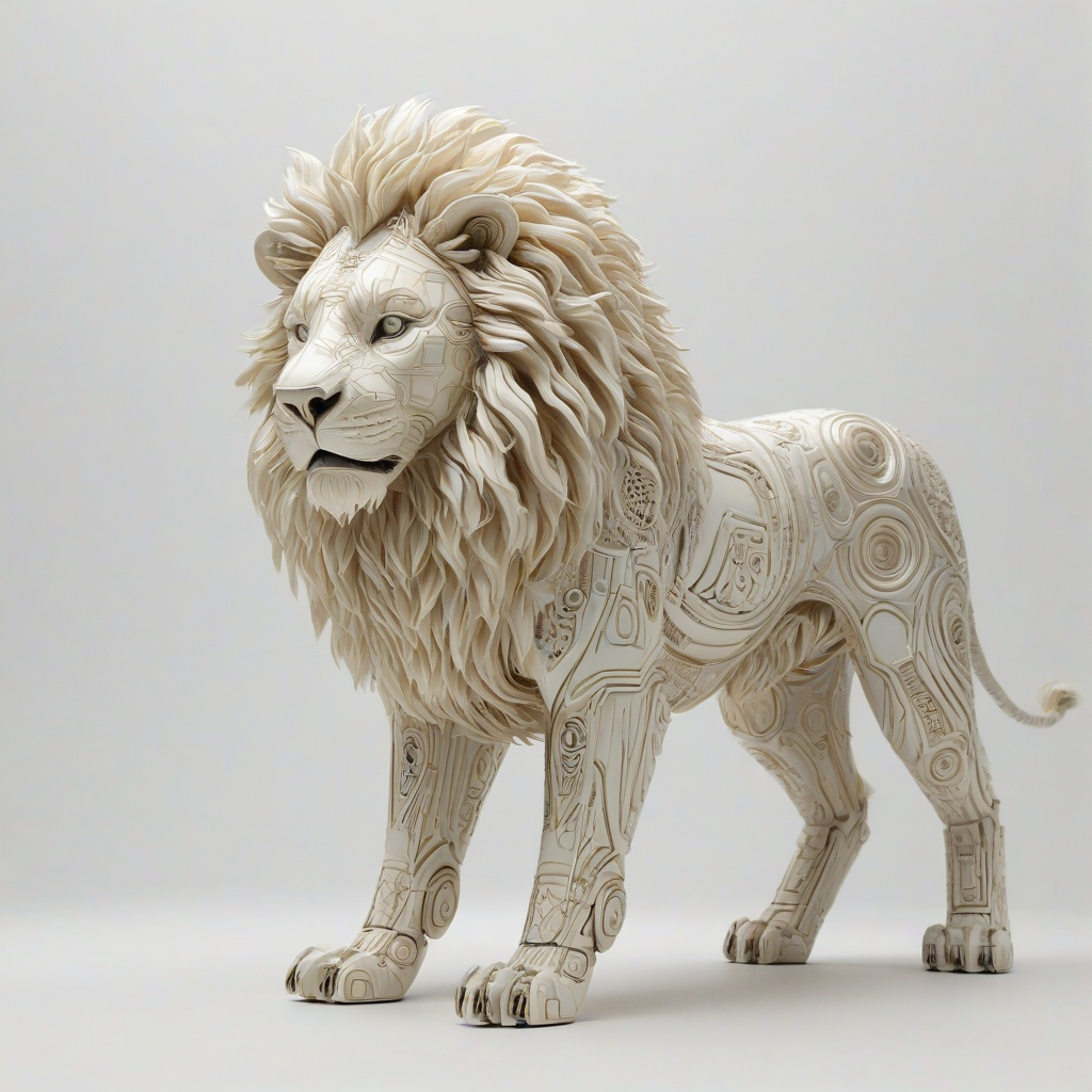 A majestic, full-body view of a futuristic, ivory-coated lion with an Afrofuturist aesthetic, set against a plain white background, with intricate, swirling patterns etched into its fur, and a cityscape visible in the distant background, with a wide-angle shot and dynamic shadows, in the style of a digital illustration, on a plain white background, even lighting
