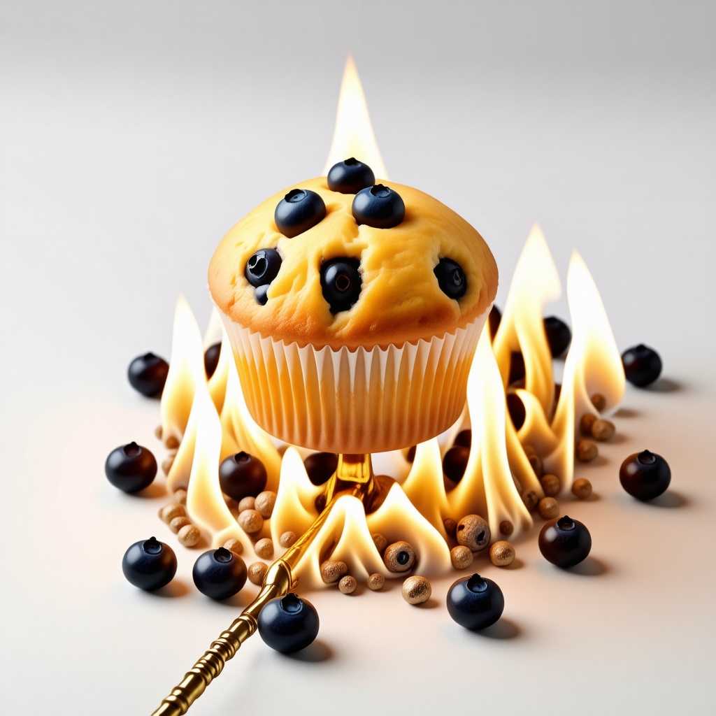a single blueberry muffin sitting on a golden scepter surrounded by fire