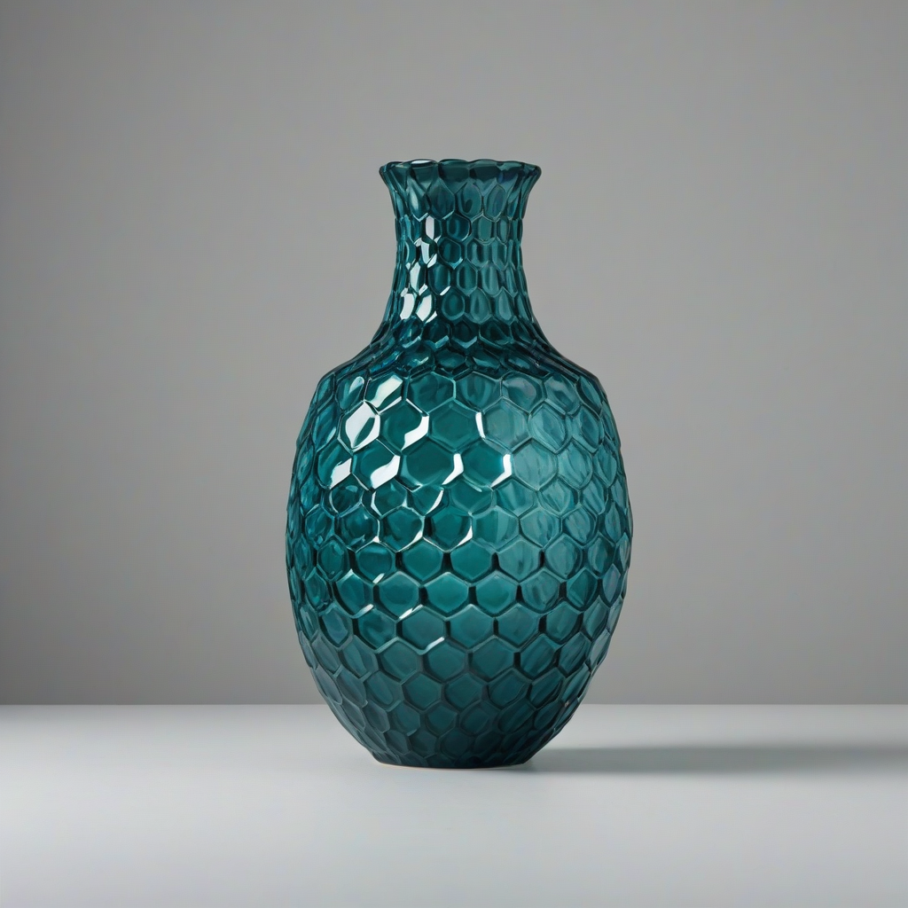dark teal colored, hexagon shaped vase, with hexagon shaped scales, on a plain white background, even lighting