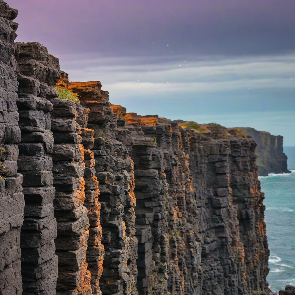 An oceanside cliff of basalt columns in bokeh photography style, using only the colors orange, purple, teal, and green, with the sky visible and a subtle gradient of colors to give a sense of depth.