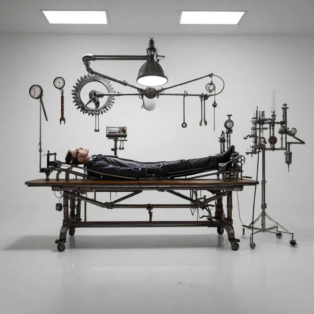 Dark steampunk science lab, empty operating table, spotlight, metal lab tools on wall, full-body view, plain white background