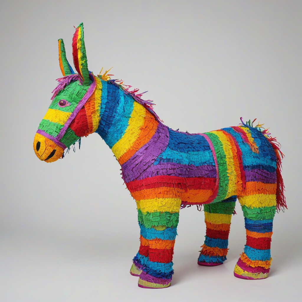 rainbow colored donkey pinata, bright colors, wide angle shot, only pinata in the image, on a plain white background, even lighting
