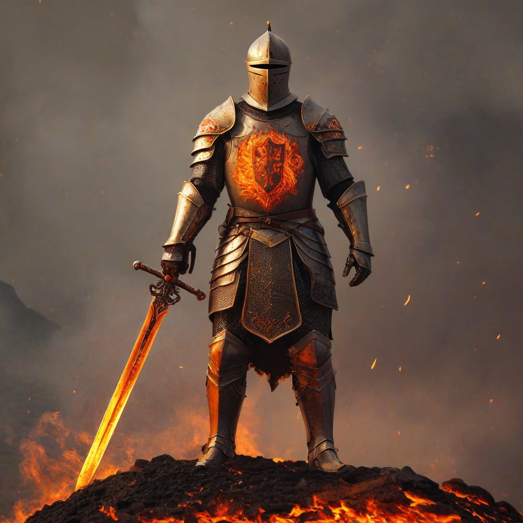 A knight made out of fire, full-body view, standing on a volcanic background, with flames engulfing its entire body, including its armor and sword, in a digital art style with vibrant orange and yellow hues, and dynamic shadows to emphasize the fiery texture, wide shot to capture the knight's majestic presence