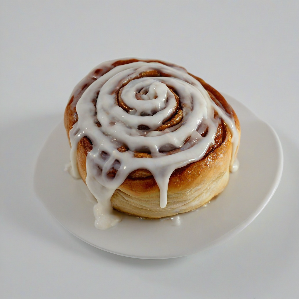 delicious looking cinnamon roll with a lot of frosting on top and melting down the sides, wide angle shot, bright lighting, only one cinnamon roll in image, on a plain white background, even lighting