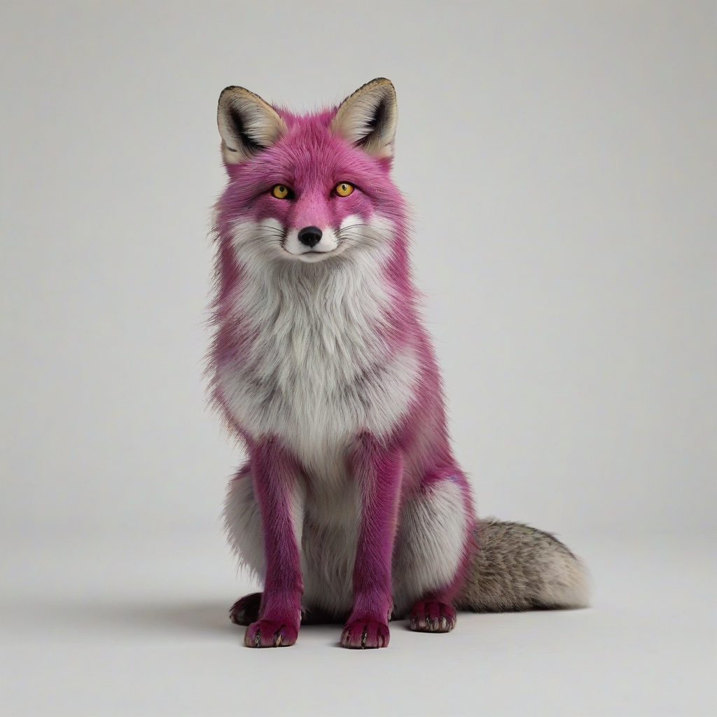 A full-body view of a realistic, magenta-colored fox with a thick, fluffy coat and piercing yellow eyes, set against a plain white background, in a wide shot with its feet visible, utilizing a cinematic bird's eye view and soft, natural lighting to create a serene atmosphere, on a plain white background, even lighting