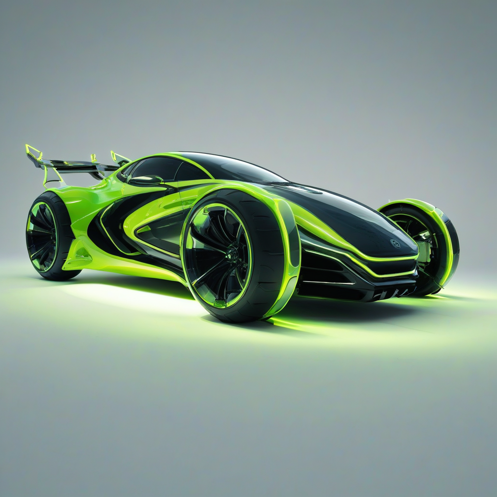 A futuristic, neon-lit, lime green biopunk vehicle, with sleek, organic curves and glowing accents, in a wide shot, full-body view, on a plain white background, with dynamic shadows and a soft, cinematic lighting, in the style of a digital illustration, on a plain white background, even lighting