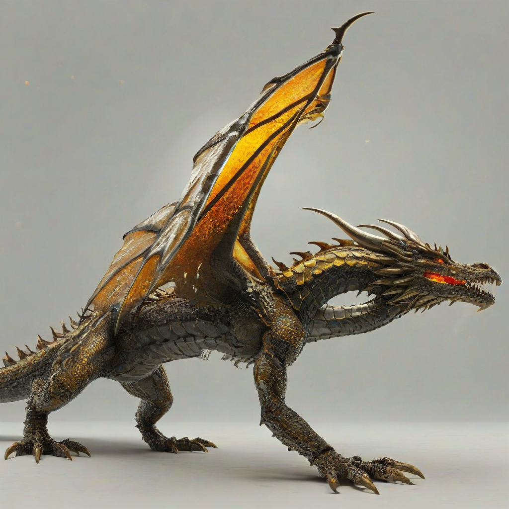 A majestic dragon, Amber, with metallic industrial scales glistening in the light, set against a plain white background, in a wide shot with its feet visible, showcasing its powerful claws and fiery breath, with a mix of digital art and 3D rendering styles, and a dramatic backlight to accentuate its industrial features, on a plain white background, even lighting